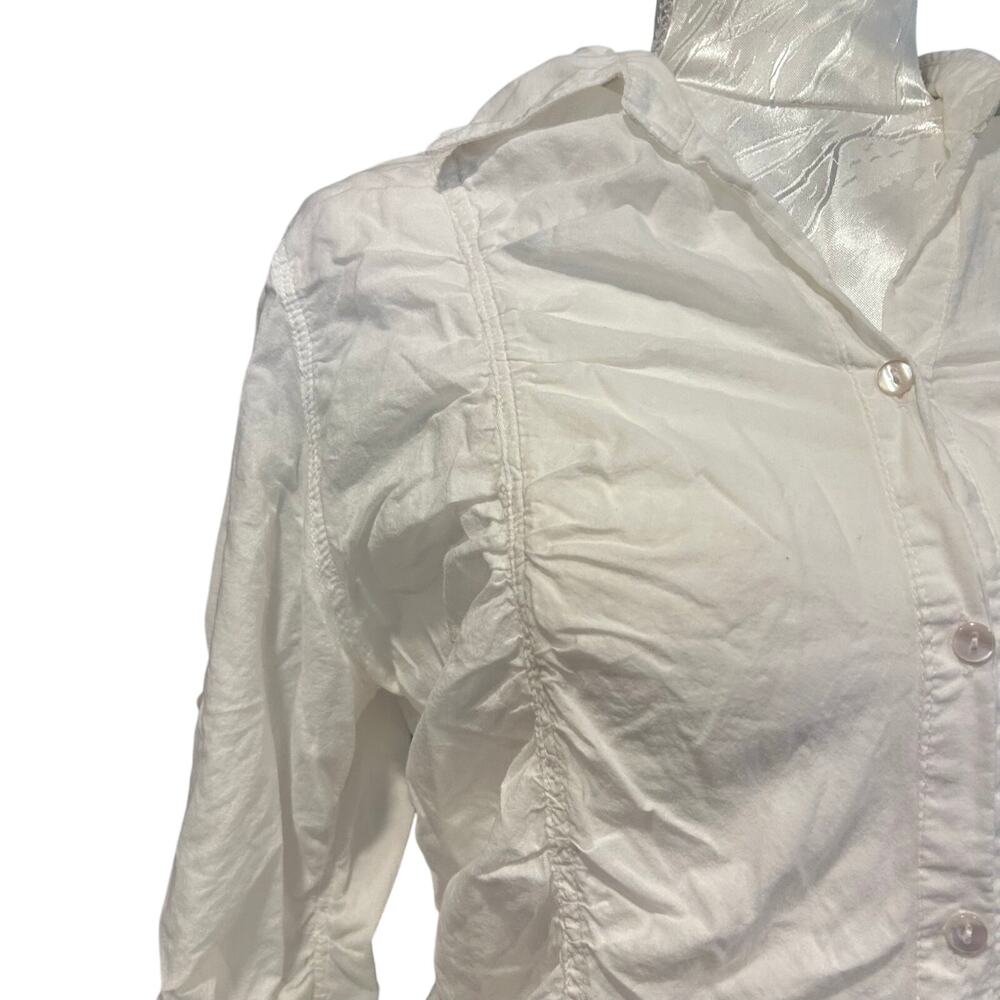 Y2K White Ruched Cotton Button Down Shirt Long Sleeve Fitted Coquette Sz M - Picture 11 of 16